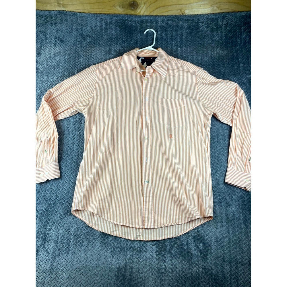 Tommy Hilfiger Shirt Men Medium Peach Striped Cotton Back Box Casual Button Down